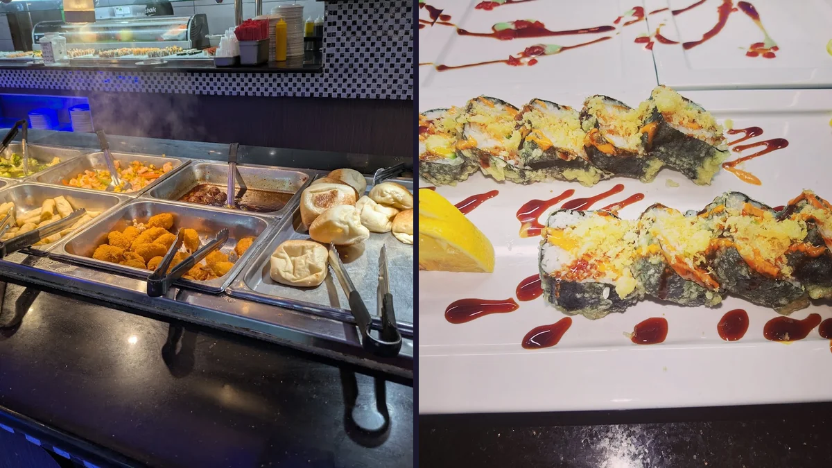 Hibachi station with fresh ingredients ready for grilling.