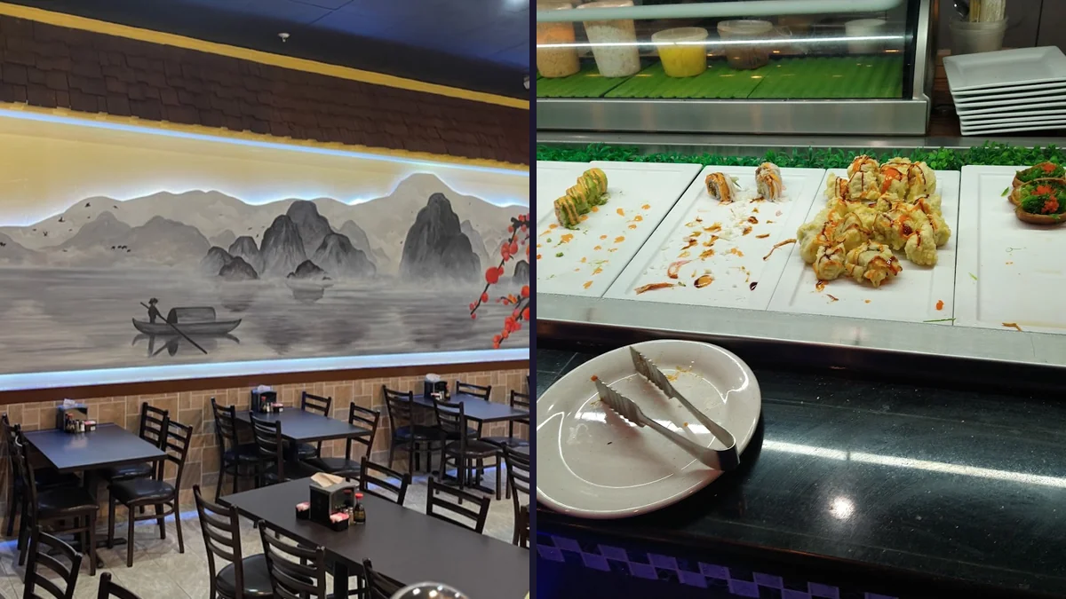 Sushi bar with neatly arranged rolls and platters.