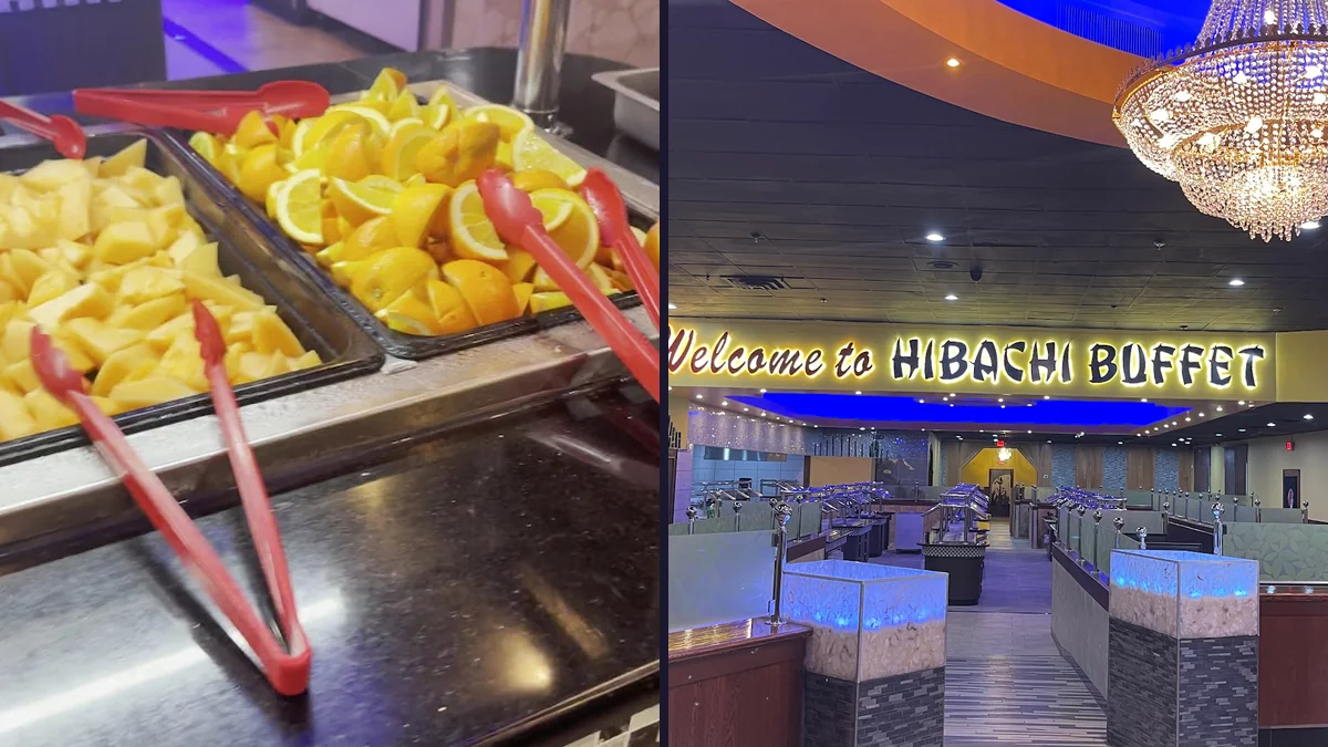 Buffet counters with hot trays and serving spoons.